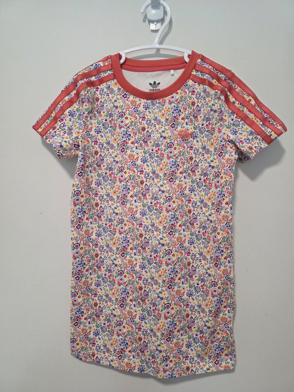 Adidas Floral Stripe Tee Dress - Coral Trim Girls 3-4years